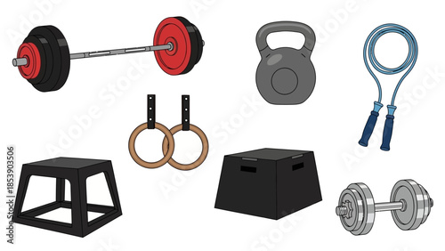 A collection of various exercise equipment for a home workout routine