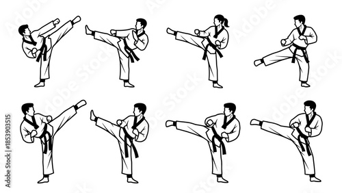 A martial artist in a uniform demonstrating various kicking techniques.