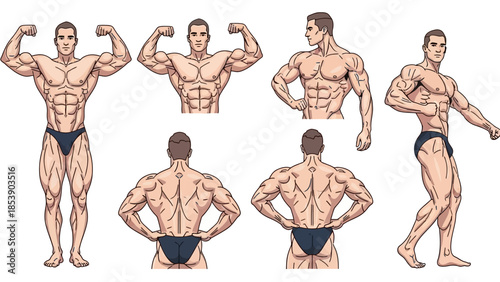 An illustration of a muscular man posing in various bodybuilding positions