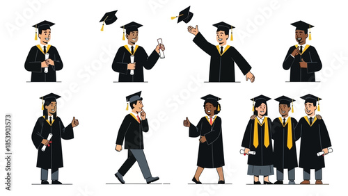 Diverse graduates celebrating with diplomas in modern graduation gowns