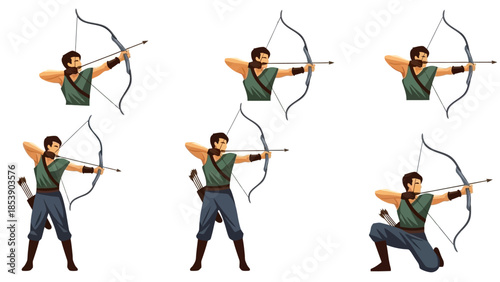 Archers in various poses aiming bows and arrows with focus and precision