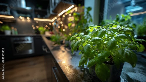 Basil plant growing in pot with warm lighting