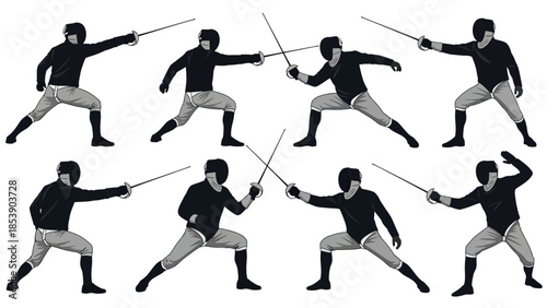 Fencer in various combat poses with sword