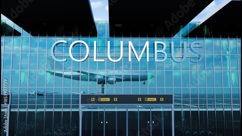 Airlane landing at Columbus. Arrival in the city with reflection of airport and aircraft