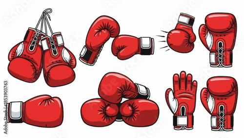 Vibrant red boxing gloves set in various dynamic poses