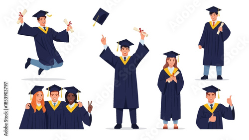 Happy graduates celebrating with diplomas in modern academic attire