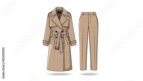 Elegant beige trench coat and matching pants outfit illustration