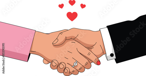Vector Illustration of a Man and Woman Shaking Hands with an Engagement Ring and Hearts for Commitment Concept