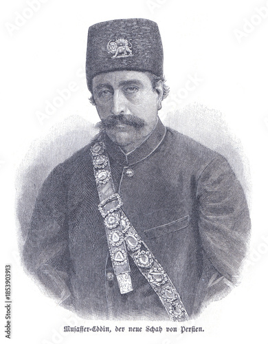 Portrait Of Muzaffer-Eddin, The New Shah Of Persia, in Traditional Uniform with Regal Sash