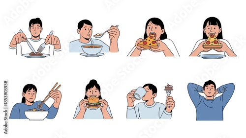 People enjoying various foods and drinks in different settings