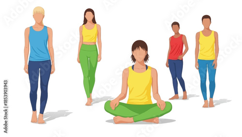 Diverse group of people practicing yoga and fitness in colorful activewear