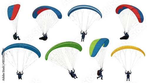 Paragliders in various colorful wing designs taking flight