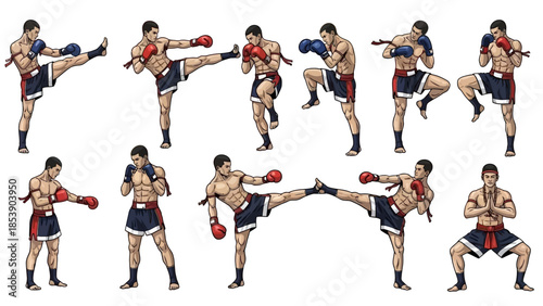 Muay Thai fighter in various fighting poses with gloves