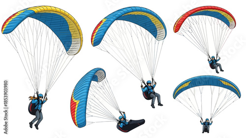 Paragliders soaring through the air with colorful parachutes