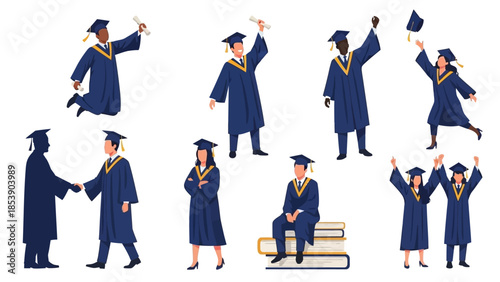 Happy graduates celebrating with diplomas in blue gowns and caps