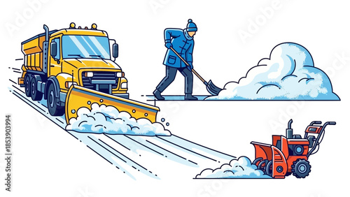 Snow removal team working together with truck and shovel