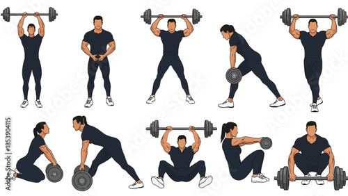 Diverse people performing various weightlifting exercises in modern gym