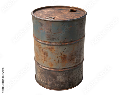 Weathered Industrial rusty metal Oil Drum with Heavy Rust Texture, Isolated on White or Transparent Background, Industrial Waste Container