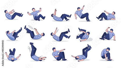 Man falling down in various poses and movements