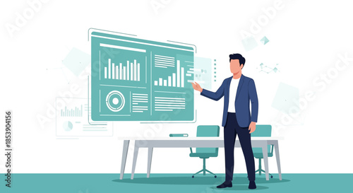 Professional business analysis presentation using interactive digital dashboard system interface