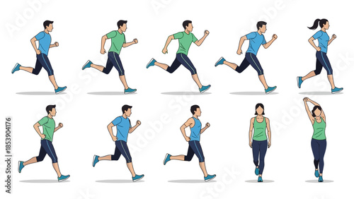 People running and stretching in various dynamic poses