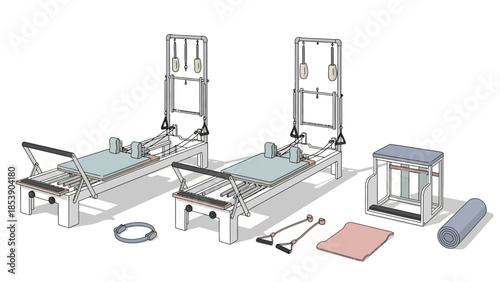 Pilates equipment setup with reformers and accessories