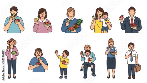 People enjoying fresh fruits and healthy snacks in various settings