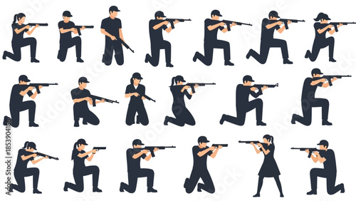 People aiming guns in various stances and poses