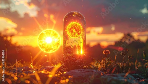 Encapsulated Gold Virus at Sunset