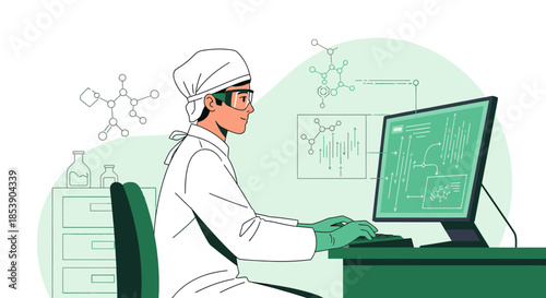 Scientist Analyzing Data on Computer Screen in Laboratory Setting with Abstract Chemistry Models