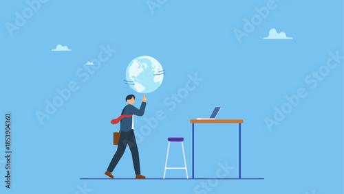 Smart businessman manager spinning globe or planet earth on his strong finger. Global business or world economy, power to control the world, leadership to success in global network.