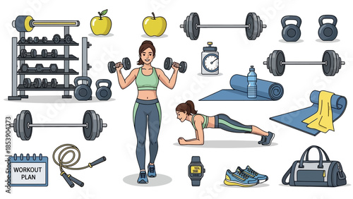 Woman working out with dumbbells and various fitness equipment