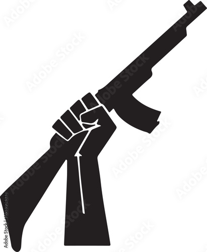 Hand drawn vector illustration of an isolated black gun pistol and metal ax weapon with a telescope science tool and rifle silhouette object on white background