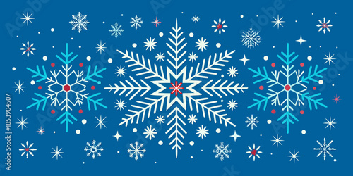 Festive Blue Background with Intricate White and Red Snowflakes, Perfect for Holiday Designs