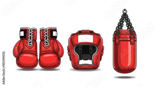 Red boxing gear set with gloves, helmet, and punching bag