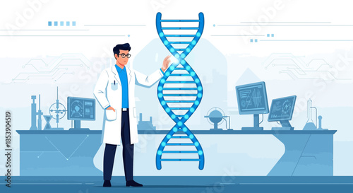 Scientist examines digital dna model, advancing genetic exploration in modern laboratory settings