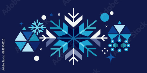 Elegant geometric snowflake pattern for winter holidays and festive season decorations, featuring abstract shapes and cool blue tones on a dark background, perfect for banners and invitations