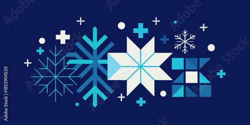 Modern abstract winter holiday design featuring geometric snowflakes and festive shapes in blue and white, ideal for seasonal graphic projects and celebrations