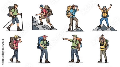 Hikers in various poses with backpacks and trekking poles on mountain trails