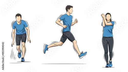 People engaging in dynamic fitness routines with running and stretching