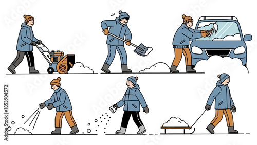 People clearing snow in winter with various equipment and techniques
