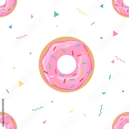 Pink Strawberry Glazed Donut Seamless Pattern with Colorful Geometric Shapes
