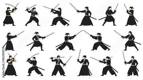Various martial arts poses with swords in black and white