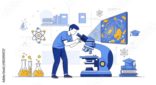 Scientist exploring cellular structures through microscope in modern laboratory setting with