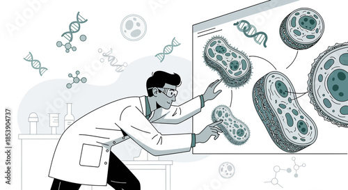 Scientist Explores Microscopic World: Detailed Analysis of Cell Structure and Genetic Components