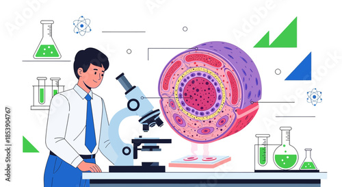 Scientist in a laboratory analyzing cellular structures with a microscope, experiments and