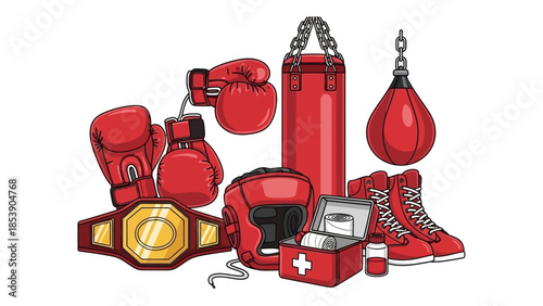 Boxing equipment set with gloves, punching bag, and championship belt