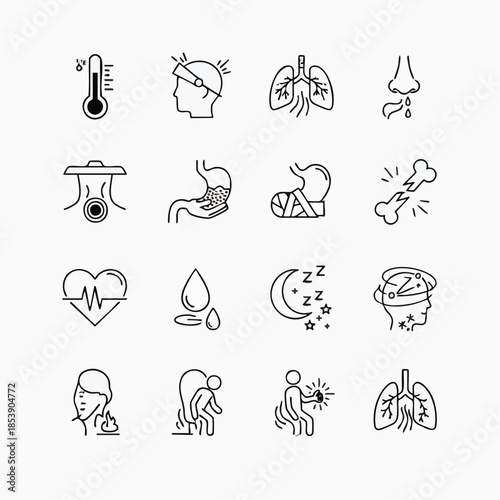 A comprehensive collection of outline icons illustrating common human medical symptoms and health conditions, perfect for healthcare and diagnostic design applications.
