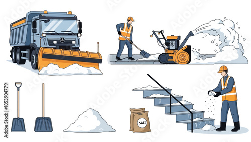 Workers clearing snow with truck, snow blower, and shovels in winter scene