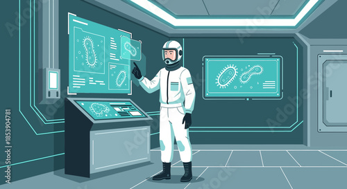 Scientist in Biosuit Examining Microbes on Futuristic Screens in Advanced Laboratory